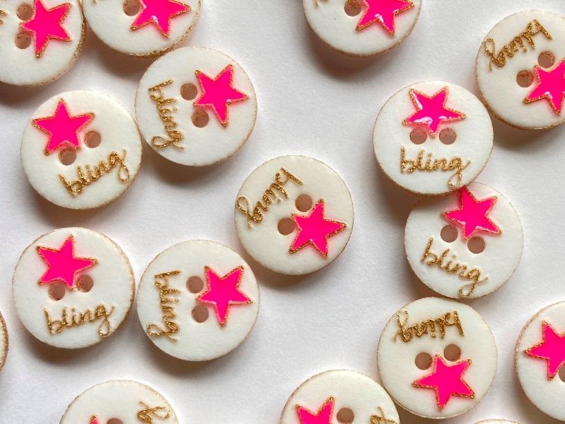 12mm - Gold Glitter ‘Bling’ Pink Star Buttons