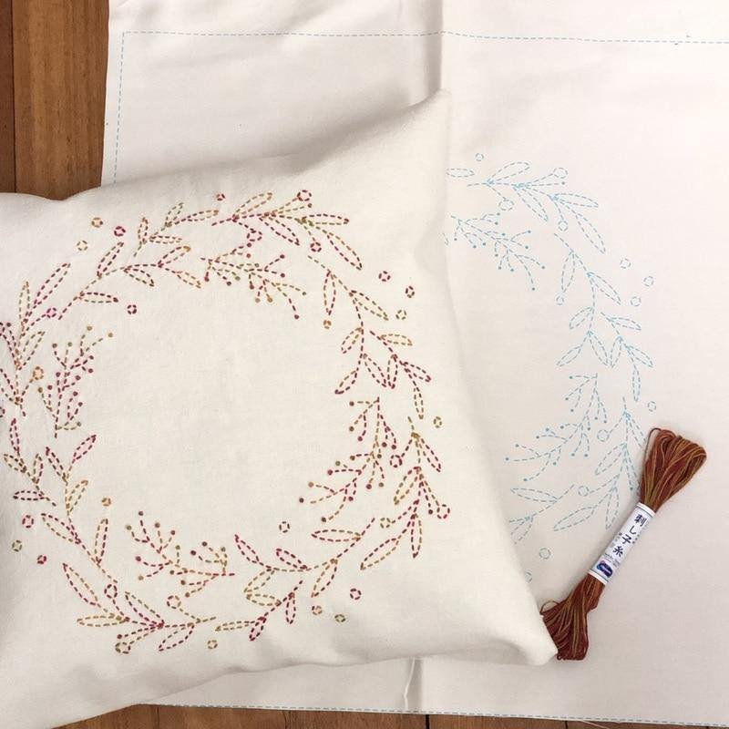 Sashiko Pre-Stencilled Wreath Fabric Panel - Image 2
